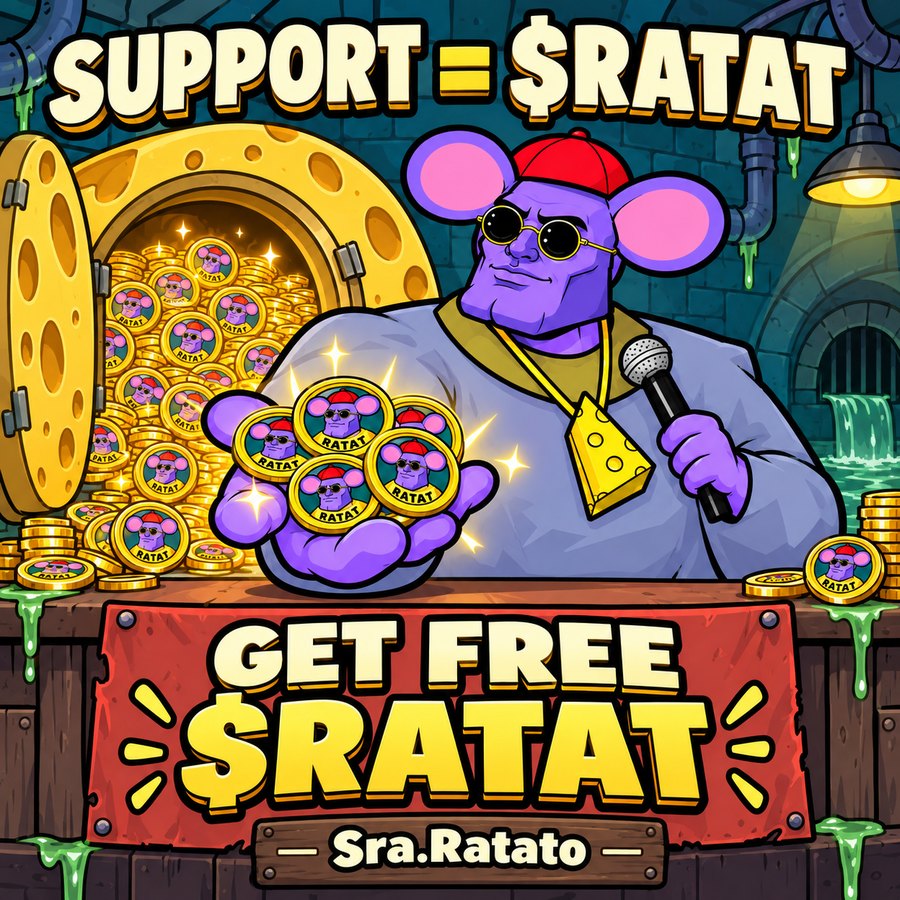 Support = $RATAT. Sra.Ratato handing out $RATAT coins from a cheese vault: Get free $RATAT