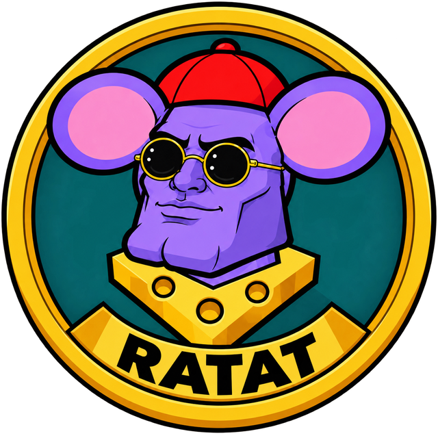 $RATAT coin logo: Sra.Ratato, a purple rat with a red cap and round sunglasses