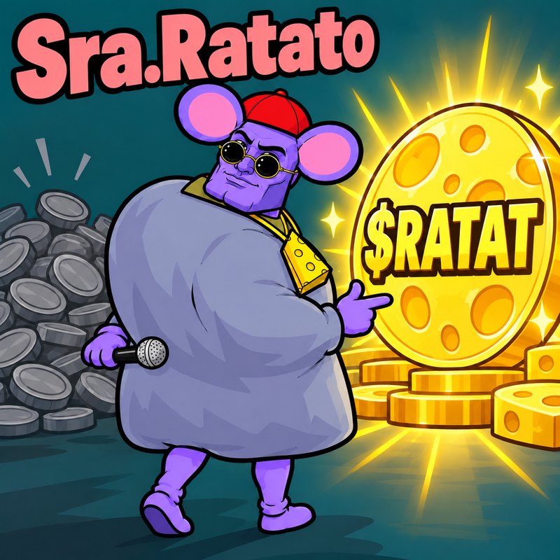 Sra.Ratato walking past grey coins toward a glowing cheese $RATAT coin